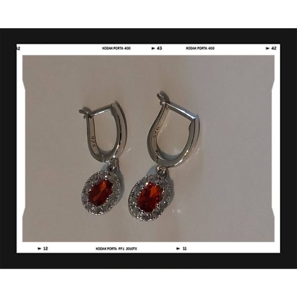 New~925 SS Oval Garnet & White Sapphire Gemstone Leverback Dangle Earrings